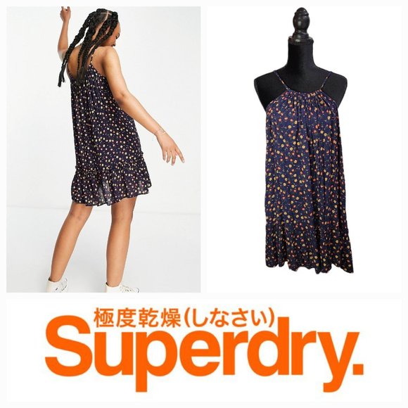 Superdry Daisy Tapeze Swing Spaghetti Straps Floral Beach Dress Navy 8 - Picture 1 of 11